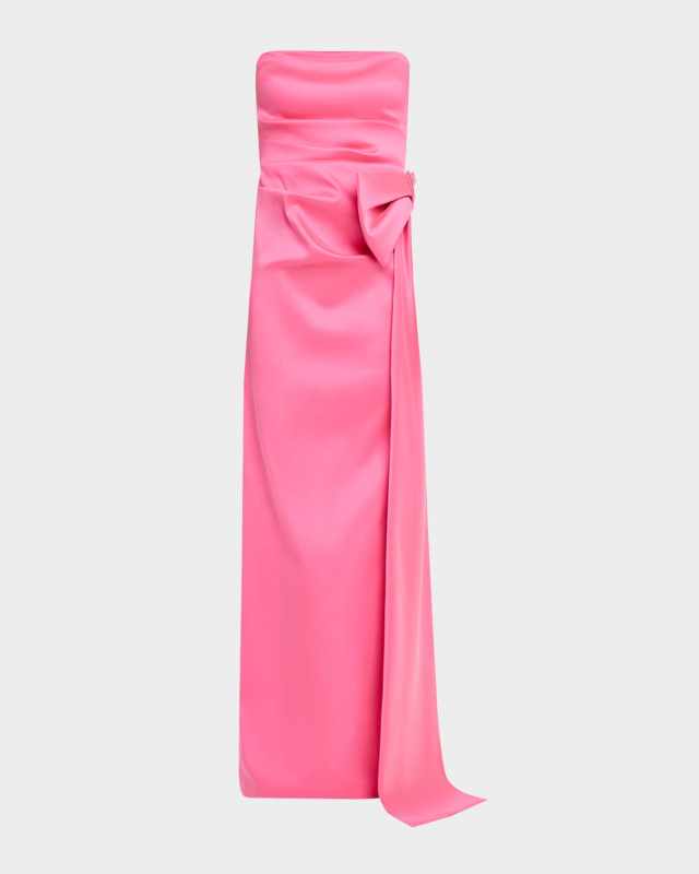 Strapless Draped Bow Mikado Column Gown
